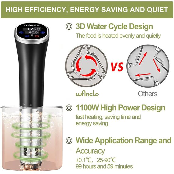 Sous Vide, Wancle Sous Vide Garer Stick 1100W IPX7 Wasserdicht Präzisionskochtopf Immersion Zirkulator Mit Reservierungsfunktion, einfach zu speichern
