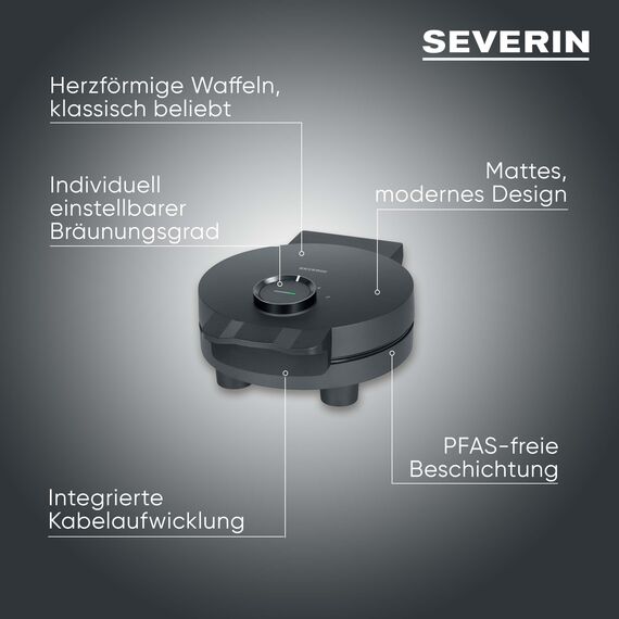 SEVERIN Waffeleisen Black Line, Herzwaffeln, PFAS-freie Beschichtung, mit Kontrollleuchte, praktische Kabelaufwicklung, 1.000 Watt, schwarz/Edelstahl, WA 2117