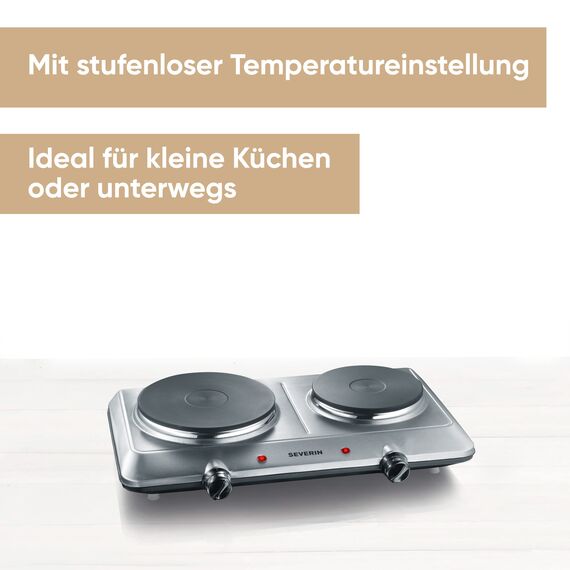SEVERIN Doppel Kochplatte für Küche, Büro oder Camping, kleine Herdplatte mit stufenloser Temperatureinstellung, Campingkocher für zwei Töpfe, Edelstahl, 2.500 W, DK 1014, Weiß