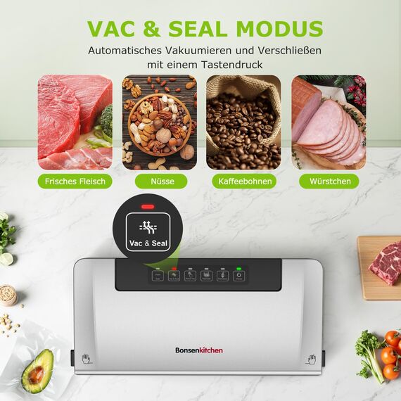 Bonsenkitchen Vakuumiergerät, 5-Modus-Vakuumierer mit Cutter und Rollenbeutelaufbewahrung, für Kontinuierliches Arbeiten mit Hoher Geschwindigkeit, enthält 10 Vakuumbeutel und 1 Rollenbeutel, VS3000