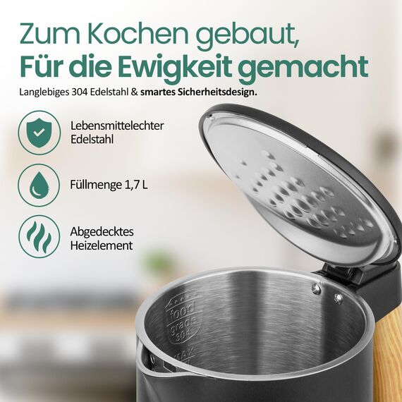 EMERIO Wasserkocher Edelstahl 1,7 L – Isolierte Doppelwand – Temperaturwahl 40–100 °C in 5 °C Schritten – Digitales Display mit Tee- & Warmhaltefunktion – 2200 W – Auto‑Off | WK‑132230