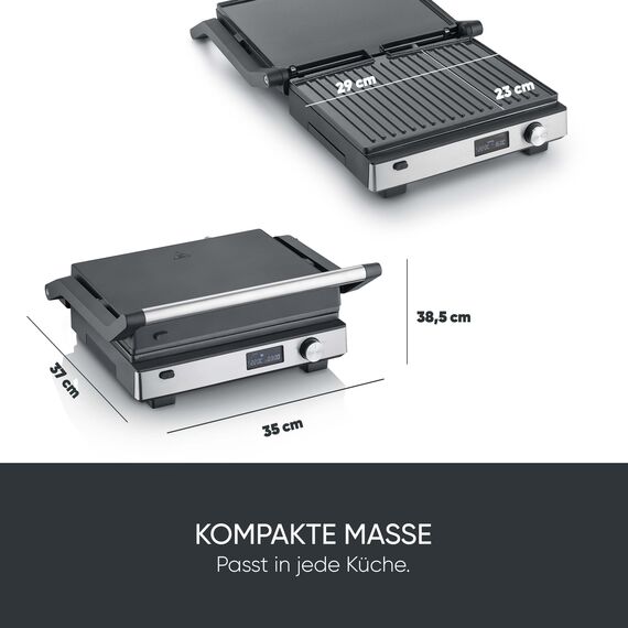 SEVERIN Kontaktgrill SEVINI FLEX, 3-in-1 Multikontaktgrill, hochwertige Keramikbeschichtung, XL-Grillfläche, spülmaschinengeeignete Grillplatten, Burger, Panini, 2000W, schwarz/Edelstahl, KG 2380