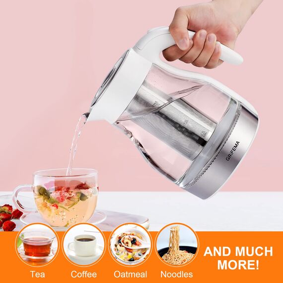 GRIFEMA Wasserkocher Glas mit Teesieb 1.7L, 2200W - Teekocher Elektrisch 2 In 1, Glaswasserkocher Leise, Schnell, Kabellos, Kettle BPA-Frei, Teekessel Automatische Abschaltung, Überhitzungsschutz