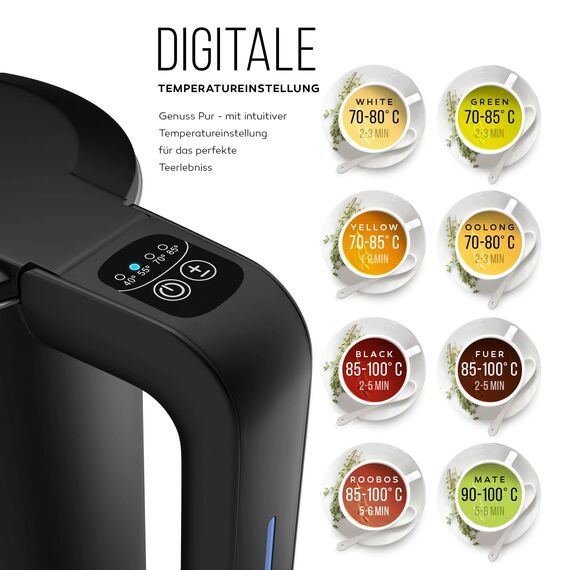 Balter Edelstahl Wasserkocher mit Temperatureinstellung, 40°C-100°C, Doppelwand, BPA frei, elektrischer Wasserkocher, Teekocher Kompakt, 1,7L, 2200W, leise, Schwarz