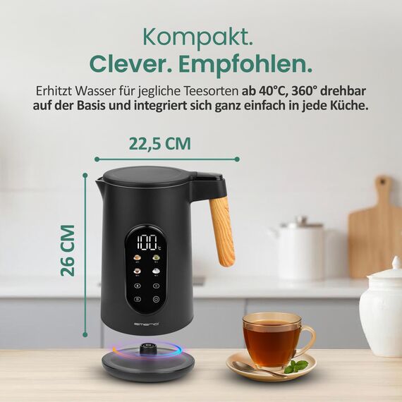 EMERIO Wasserkocher Edelstahl 1,7 L – Isolierte Doppelwand – Temperaturwahl 40–100 °C in 5 °C Schritten – Digitales Display mit Tee- & Warmhaltefunktion – 2200 W – Auto‑Off | WK‑132230