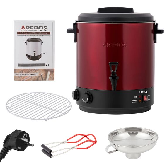 Arebos Einkochautomat 1800 W | Einkochtopf 28 L | mit Timer, Thermostat & Überhitzungsschutz | stufenlos einstellbar 30-110°C | Glühweinkocher | inkl. Einmachglasheber & Einmachtrichter | Rot