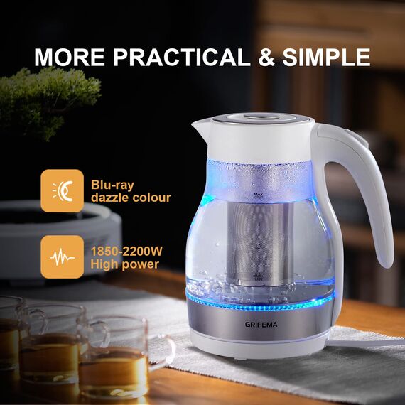 GRIFEMA Wasserkocher Glas mit Teesieb 1.7L, 2200W - Teekocher Elektrisch 2 In 1, Glaswasserkocher Leise, Schnell, Kabellos, Kettle BPA-Frei, Teekessel Automatische Abschaltung, Überhitzungsschutz