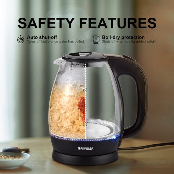 GRIFEMA Wasserkocher Glas 1.7L, 2200W - Elektrisch mit Kalkfilter, Kettle Leise, Schnell, Kabellos, Kitchen aid Wasserkocher BPA-Frei, Automatische Abschaltung, Überhitzungsschutz