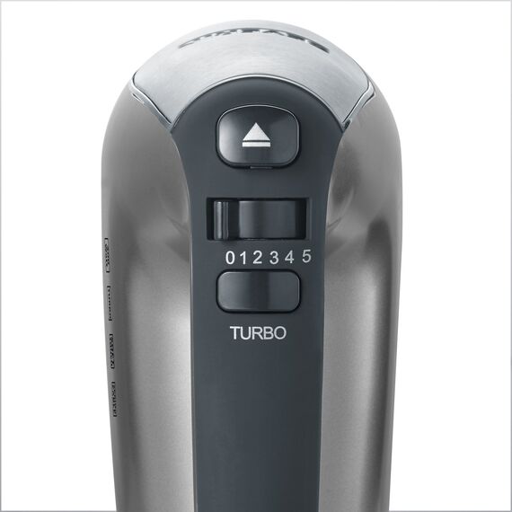 SEVERIN Handmixer, Handrührgerät mit 5 Geschwindigkeitsstufen, praktischer Handrührer mit 2 Edelstahl-Rührbesen und -Knethaken, 400 W, grau-metallic-schwarz / Edelstahl, HM 3832