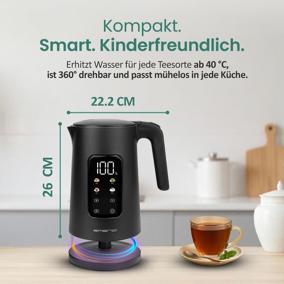 EMERIO Wasserkocher Edelstahl 1,7 L – Isolierte Doppelwand – Temperaturwahl 40–100 °C in 5 °C Schritten – Digitales Display mit Tee- & Warmhaltefunktion – 2200 W – Auto‑Off | WK‑132229