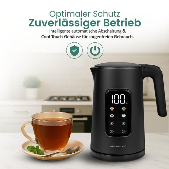 EMERIO Wasserkocher Edelstahl 1,7 L – Isolierte Doppelwand – Temperaturwahl 40–100 °C in 5 °C Schritten – Digitales Display mit Tee- & Warmhaltefunktion – 2200 W – Auto‑Off | WK‑132229
