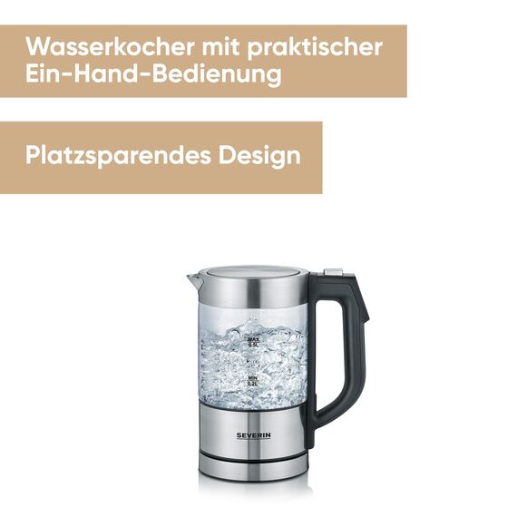 SEVERIN Digitaler Mini Glas Wasserkocher, kompakter Wasserkocher mit Temperaturauswahl, elektrisch, mit Kalkfilter, 0,5L, Edelstahl-gebürstet, Glas, schwarz, WK 3458