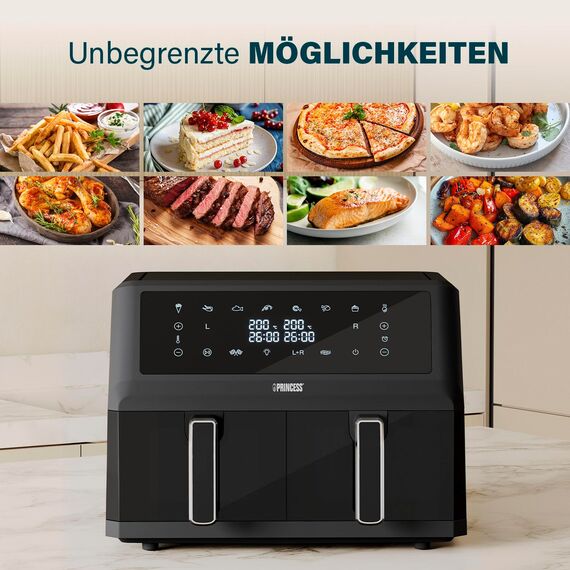 Princess XXL Heißluftfritteuse mit Doppelkorb - 2 Fächer - 11 L - BPA- und PFAS-frei - Sync-Funktion - 8 Programme - Sichtfenster - 2400 W - 182276