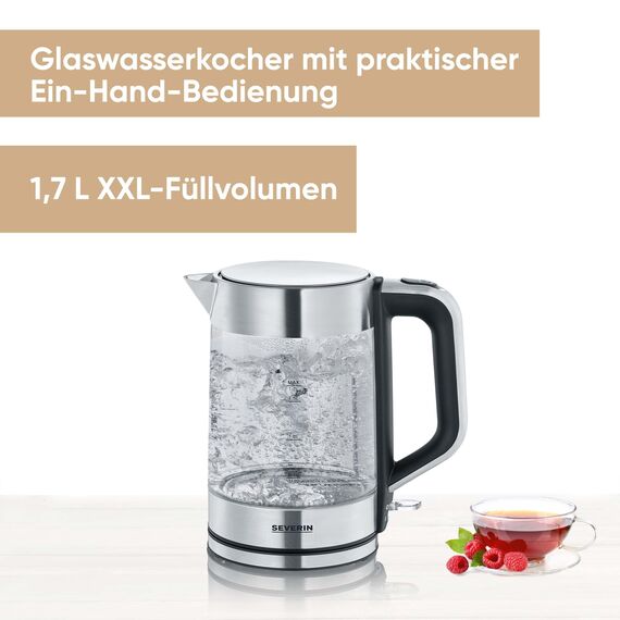 Severin Wasserkocher, Glas, Edelstahl, kompakt und leistungsstark, 1-Hand-Bedienung, leichte Reinigung, herausnehmbarer Kalkfilter, 1,7 L, 100 Prozent BPA-frei, 2200 W, WK 3420