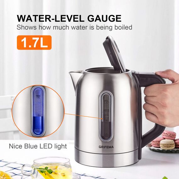GRIFEMA Wasserkocher Edelstahl 1.7L, 2200W - Teekocher Elektrisch mit Kalkfilter, Kettle Leise, Schnell, Kabellos, Kitchen aid Wasserkocher BPA-Frei, Automatische Abschaltung, Überhitzungsschutz