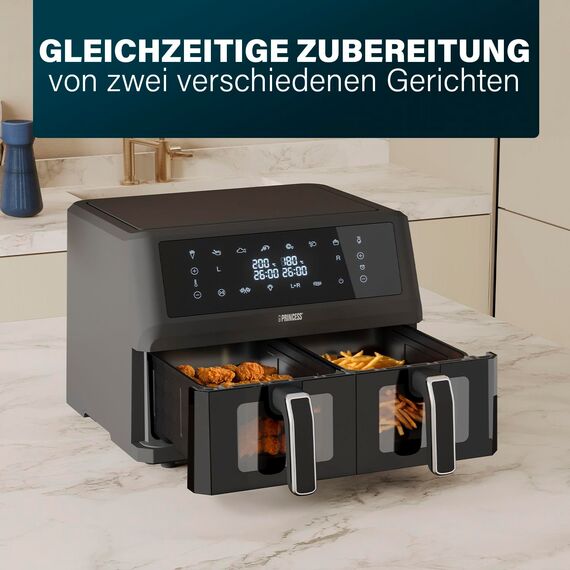 Princess XXL Heißluftfritteuse mit Doppelkorb - 2 Fächer - 11 L - BPA- und PFAS-frei - Sync-Funktion - 8 Programme - Sichtfenster - 2400 W - 182276