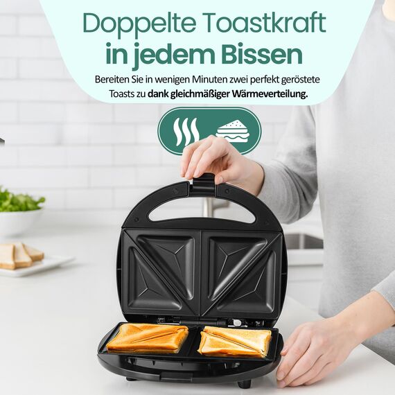 Emerio Doppel Sandwich Maker, BPA frei, klassische Form für dreieckiges Sandwich, leicht zu reinigen, Antihaftbeschichtung, heizt schnell auf, 750 Watt, Schwarz