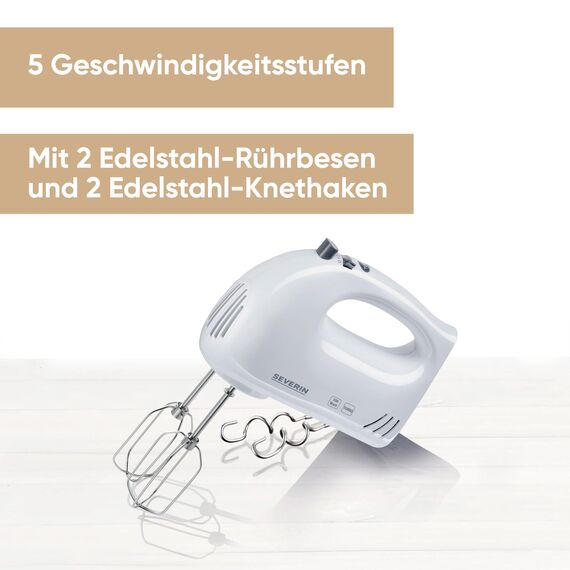 SEVERIN Handmixer, Handrührgerät mit 5 Geschwindigkeitsstufen, praktischer Handrührer mit 2 Edelstahl-Rührbesen und -Knethaken, weiß, HM 3820