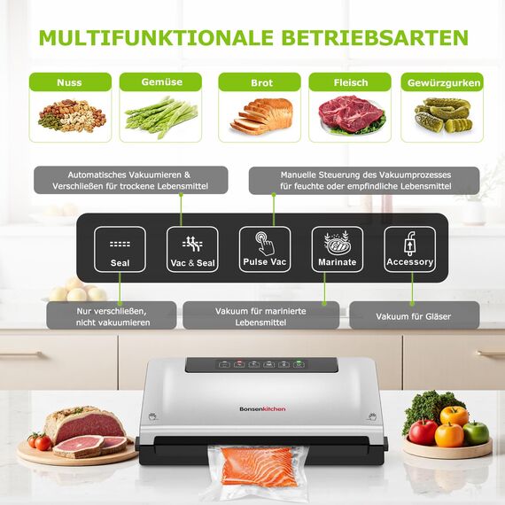 Bonsenkitchen Vakuumiergerät, 5-Modus-Vakuumierer mit Cutter und Rollenbeutelaufbewahrung, für Kontinuierliches Arbeiten mit Hoher Geschwindigkeit, enthält 10 Vakuumbeutel und 1 Rollenbeutel, VS3000