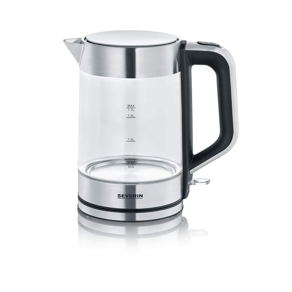 Severin Wasserkocher, Glas, Edelstahl, kompakt und leistungsstark, 1-Hand-Bedienung, leichte Reinigung, herausnehmbarer Kalkfilter, 1,7 L, 100 Prozent BPA-frei, 2200 W, WK 3420