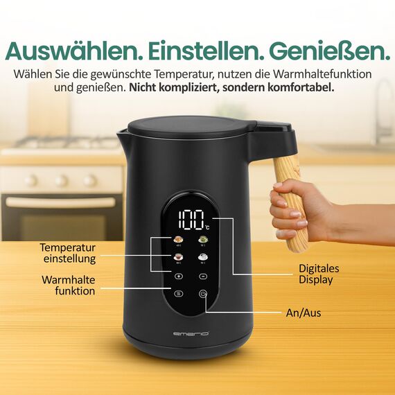 EMERIO Wasserkocher Edelstahl 1,7 L – Isolierte Doppelwand – Temperaturwahl 40–100 °C in 5 °C Schritten – Digitales Display mit Tee- & Warmhaltefunktion – 2200 W – Auto‑Off | WK‑132230
