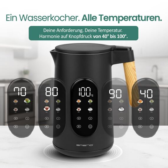 EMERIO Wasserkocher Edelstahl 1,7 L – Isolierte Doppelwand – Temperaturwahl 40–100 °C in 5 °C Schritten – Digitales Display mit Tee- & Warmhaltefunktion – 2200 W – Auto‑Off | WK‑132230