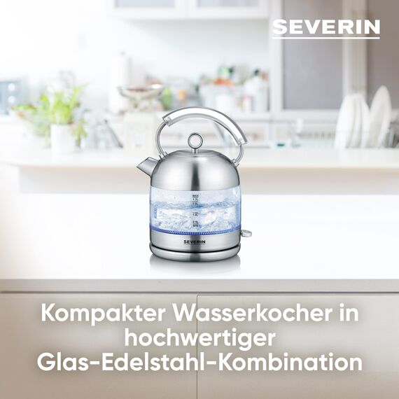 SEVERIN Retro Glas Wasserkocher, XXL-Füllvolumen von 1,7L, leistungsstarker und kompakter Wasserkocher im hochwertigen Retro-Design, elektrisch, Glas/Edelstahl-gebürstet, WK 3459