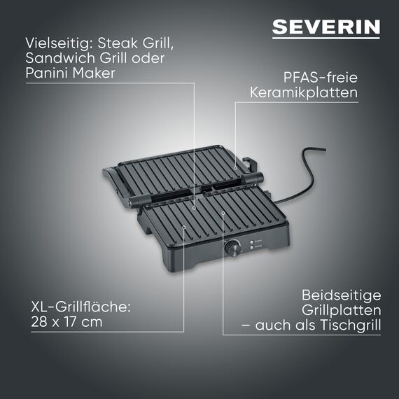 SEVERIN MultiGrill XL, hochwertige Keramikbeschichtung, große Grillfläche, PFAS-freie Grillplatten, fettarmes Grillen, Burger, Panini, Elektrogrill Indoor, 1800W, schwarz, KG 2391