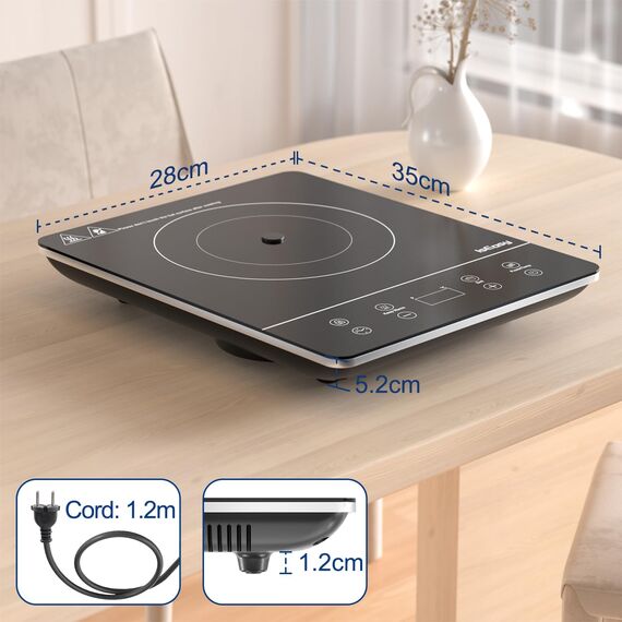 IsEasy Induktionskochfeld 1 Platte, Einzel Induktionskochplatte 2100W, 9 Leistungsstufen, 9 Temperatureinstellungen, 28cm Induktionskochfeld mit 8-Stunden-Timer, Kindersicherung, Schwarz, 220-240V