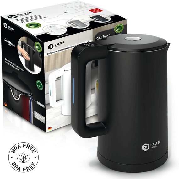 Balter Edelstahl Wasserkocher mit Temperatureinstellung, 40°C-100°C, Doppelwand, BPA frei, elektrischer Wasserkocher, Teekocher Kompakt, 1,7L, 2200W, leise, Schwarz