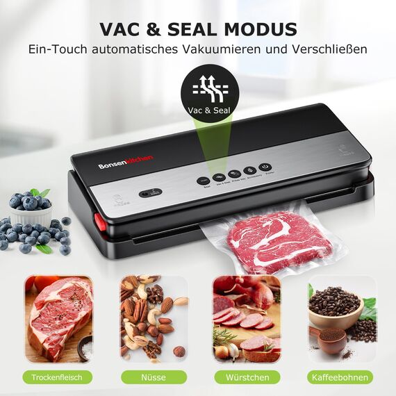 Bonsenkitchen Vakuumiergerät, für Trockene und Feuchte Lebensmittel Vakuumierer mit Eingebauter Cutter, 1 Rolle Folienbeutel, 50 Profi-Folienbeutel