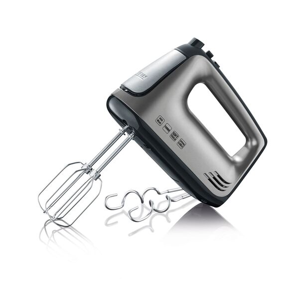 SEVERIN Handmixer, Handrührgerät mit 5 Geschwindigkeitsstufen, praktischer Handrührer mit 2 Edelstahl-Rührbesen und -Knethaken, 400 W, grau-metallic-schwarz / Edelstahl, HM 3832