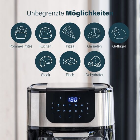 Princess Aerofryer-Ofen DeLuxe - 11Liter Fassungsvermögen; 1800W; 65-200°C; 10 Programme; inkl. Rotierkorb, Drehspieß, 3 Backbleche, Krümmelblech, Griff, 182075, Schwarz/Silber