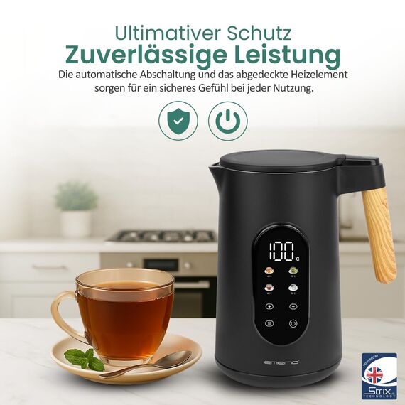 EMERIO Wasserkocher Edelstahl 1,7 L – Isolierte Doppelwand – Temperaturwahl 40–100 °C in 5 °C Schritten – Digitales Display mit Tee- & Warmhaltefunktion – 2200 W – Auto‑Off | WK‑132230