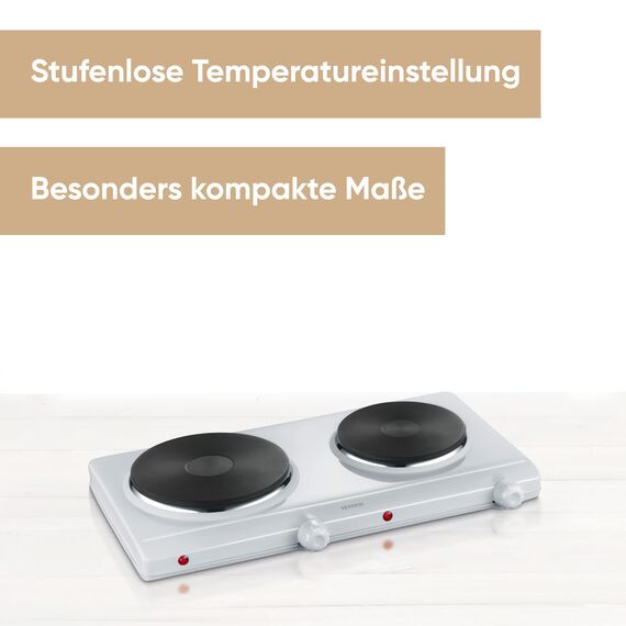 Severin Doppel Kochplatte für Küche, Büro oder Camping, kleine Herdplatte mit stufenloser Temperatureinstellung, Campingkocher für zwei Töpfe, 2.500 W, silber, DK 1042