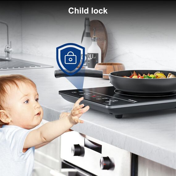 IsEasy Induktionskochfeld 1 Platte, Einzel Induktionskochplatte 2100W, 9 Leistungsstufen, 9 Temperatureinstellungen, 28cm Induktionskochfeld mit 8-Stunden-Timer, Kindersicherung, Schwarz, 220-240V