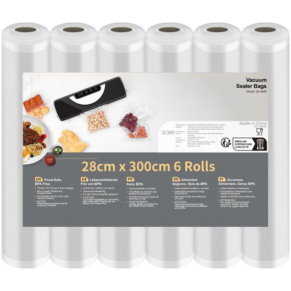 Vihoom Vakuumierbeutel 6 Rollen Vakuumierfolie 28x300cm(18m), Profi- Folienrollen Vakuumierer Lebensmittel BPA-frei, stark & reißfest, für alle Vakuumierer & Sous Vide