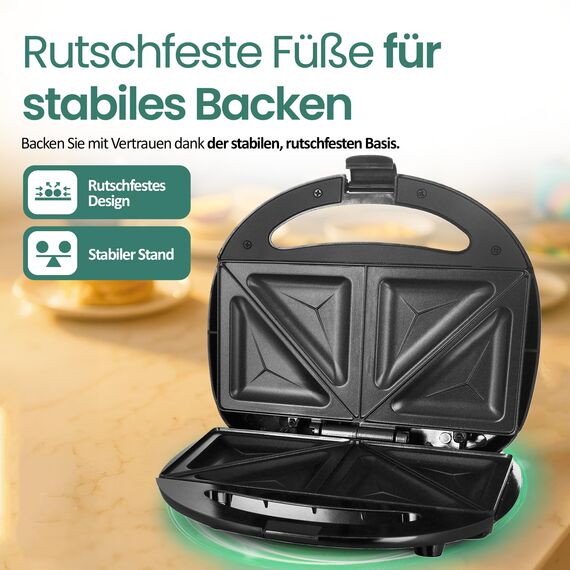 Emerio Doppel Sandwich Maker, BPA frei, klassische Form für dreieckiges Sandwich, leicht zu reinigen, Antihaftbeschichtung, heizt schnell auf, 750 Watt, Schwarz