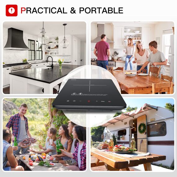 Induktionskochplatte, IsEasy Induktionskochfeld 1 Platte 2100W, 28cm Kochplatte, Tragbares Induktionskochfeld, 9 Heizstufen, 8-Stunden-Timer, Touch-Steuerung, Booster-Funktion, Schwarz, 220-240V