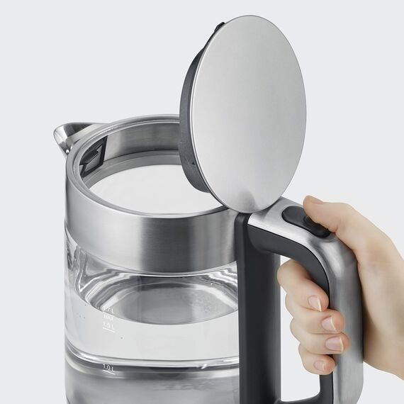 Severin Wasserkocher, Glas, Edelstahl, kompakt und leistungsstark, 1-Hand-Bedienung, leichte Reinigung, herausnehmbarer Kalkfilter, 1,7 L, 100 Prozent BPA-frei, 2200 W, WK 3420