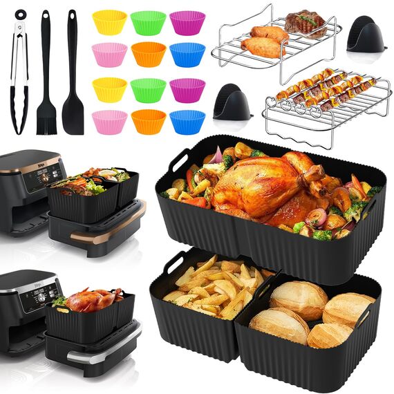 Heißluftfritteuse Zubehör für Ninja Foodi Flexdrawer AF500EU 10,4L - 22 Stück Ninja Airfryer Silikonform Zubehör Set, 1x10,4L & 2x5,2L Airfryer Silikon Einsatz mit Weiteres Dual Ninja Airfryer Zubehör