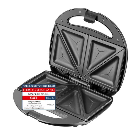 Emerio Doppel Sandwich Maker, BPA frei, klassische Form für dreieckiges Sandwich, leicht zu reinigen, Antihaftbeschichtung, heizt schnell auf, 750 Watt, Schwarz