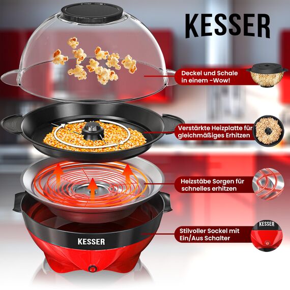 KESSER® Popcornmaschine Groß 800W | Popcorn-Maker 5,5l Inhalt mit Antihaftbeschichtung Deckel & Servierschale | für Öl Butter Zucker Stille & Schnelle inkl. Mess-&Popcornbecher abnehmbarer Heizfläche