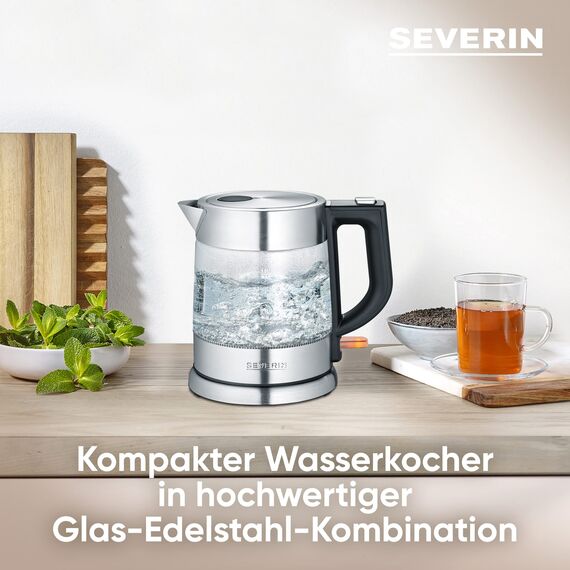 SEVERIN Glas Wasserkocher, 1,0L, leistungsstark und kompakt in hochwertigem Design, elektrischer Wasserkocher mit Kalkfilter, Edelstahl/schwarz, WK 3468