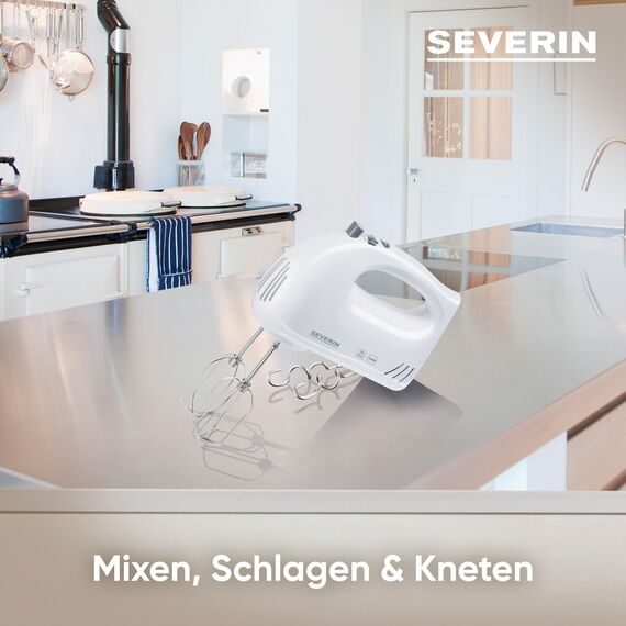 SEVERIN Handmixer, Handrührgerät mit 5 Geschwindigkeitsstufen, praktischer Handrührer mit 2 Edelstahl-Rührbesen und -Knethaken, weiß, HM 3820