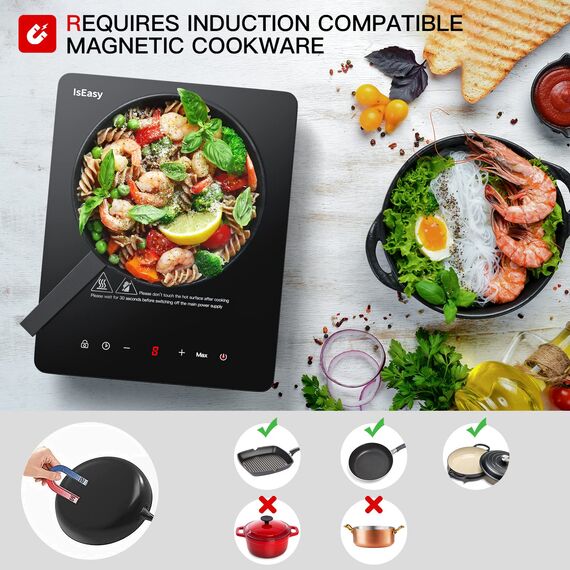 Induktionskochplatte, IsEasy Induktionskochfeld 1 Platte 2100W, 28cm Kochplatte, Tragbares Induktionskochfeld, 9 Heizstufen, 8-Stunden-Timer, Touch-Steuerung, Booster-Funktion, Schwarz, 220-240V