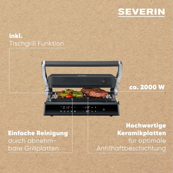 SEVERIN SEVINI Comfort für Fleisch, Fisch, Gemüse, digitaler Sandwich-Maker für fettfreies Grillen mit 5 Auto-Programmen, keramikbeschichtet, Indoor-Grill bis 230 Grad Hitze, 1.800 W, schwarz, KG 2399