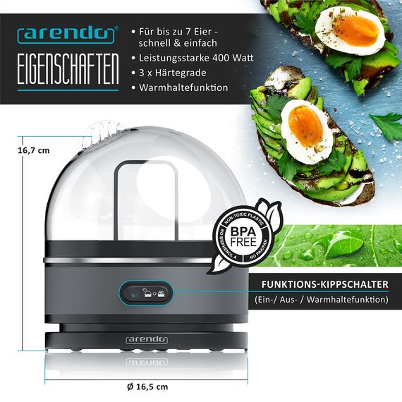 Arendo Sevencook Eierkocher 400 W – Edelstahl Design - 1-7 Eier - Egg Cooker - EIN/AUS-Schalter – 3 Härtegrade wählbar - Warmhaltefunktion - Signalton - BPA-frei | cool grey