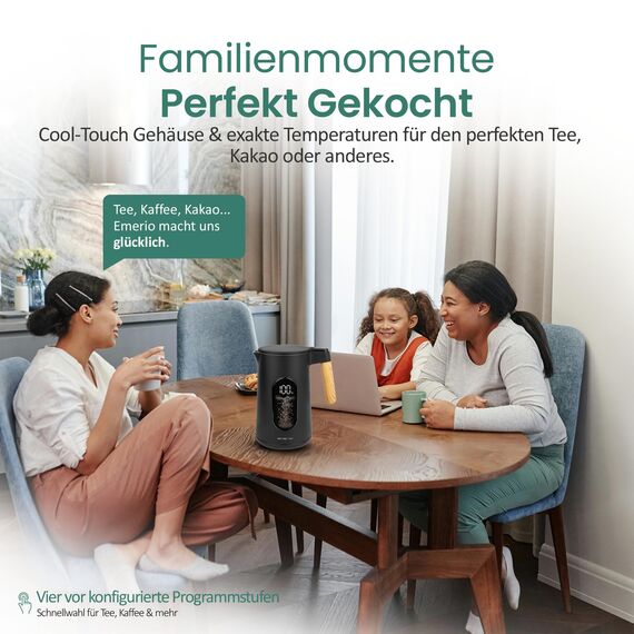 EMERIO Wasserkocher Edelstahl 1,7 L – Isolierte Doppelwand – Temperaturwahl 40–100 °C in 5 °C Schritten – Digitales Display mit Tee- & Warmhaltefunktion – 2200 W – Auto‑Off | WK‑132230
