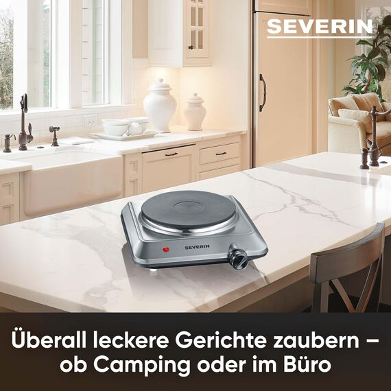 SEVERIN Kochplatte, für Küche, Büro oder Camping, kleine Herdplatte mit stufenloser Temperatureinstellung, Campingkocher, Heizring mit 18cm Durchmesser, Single, Silber, Edelstahl, 1.500 W, KP 1092